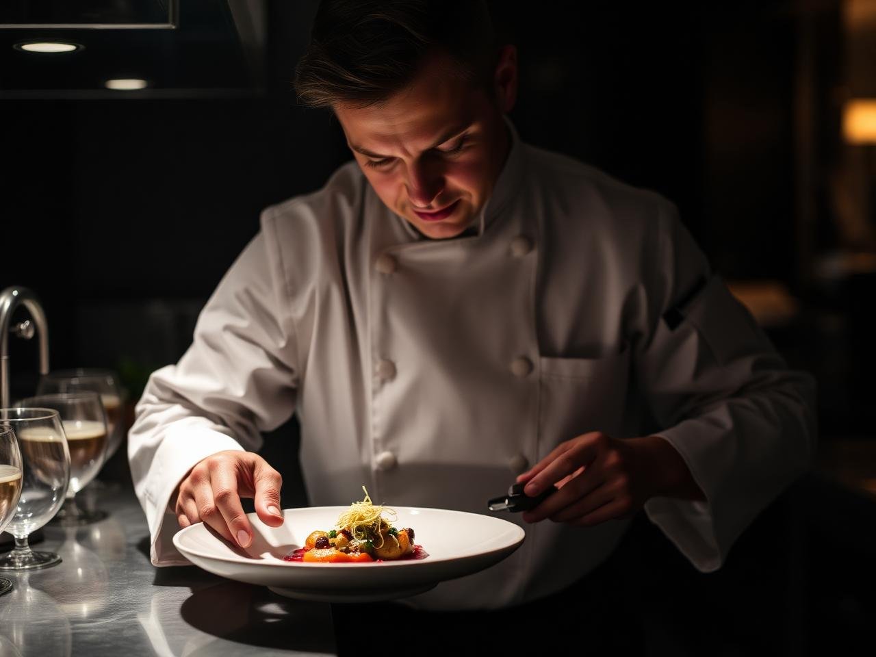 Chef plating in a luxury kitchen